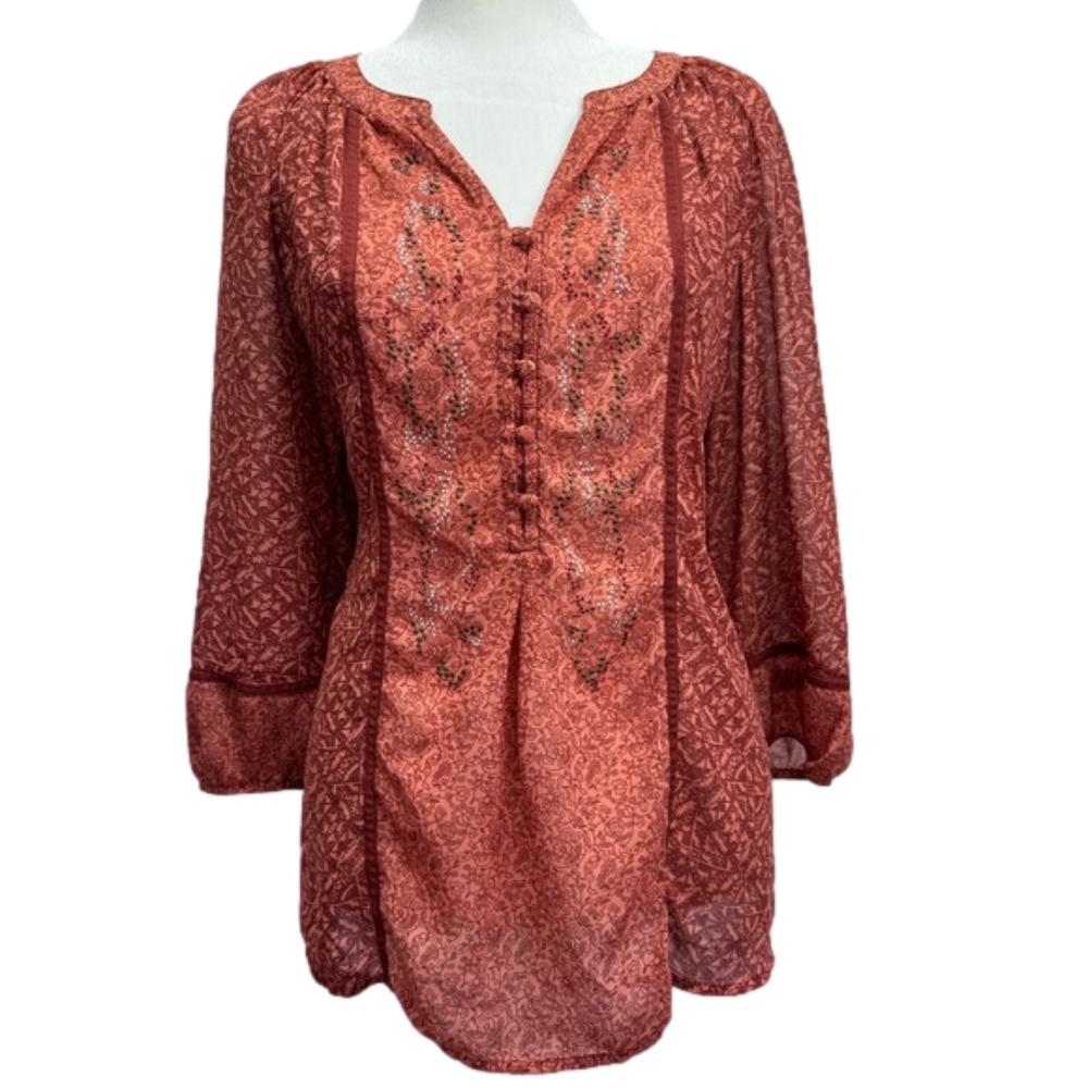 BKE Coral Rust Sheer Peasant Blouse Rhinestones Boho Buckle Brand Size Small